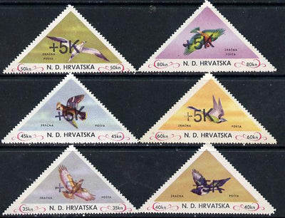 Croatia 1951 Birds triangular perf set of 6 surcharged +5k in black unmounted mint