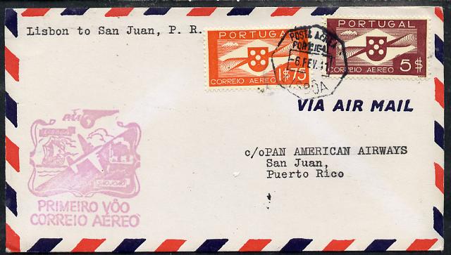 Portugal 1941 Pan American Airways First Clipper Air Mail Flight cover to Puerto Rico with special 'Lisbon to San Juan' Illustrated Cachet