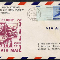 United States 1946 Pan American Airways First Clipper Air Mail Flight cover to Austria (Vienna) with special illustrated (Stamps) Cachet and bearing 30c Airmail adhesive