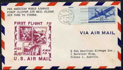 United States 1946 Pan American Airways First Clipper Air Mail Flight cover to Austria (Vienna) with special illustrated (Stamps) Cachet and bearing 30c Airmail adhesive