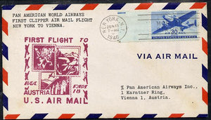 United States 1946 Pan American Airways First Clipper Air Mail Flight cover to Austria (Vienna) with special illustrated (Stamps) Cachet and bearing 30c Airmail adhesive