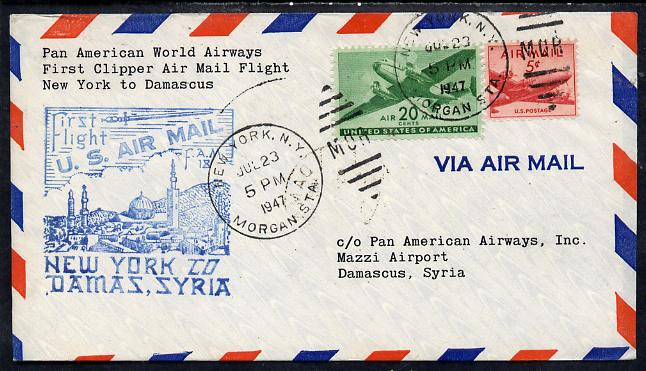 United States 1946 Pan American Airways First Clipper Air Mail Flight cover to Syria (Damascus) with special illustrated Cachet and bearing 20c & 5c Airmail adhesives