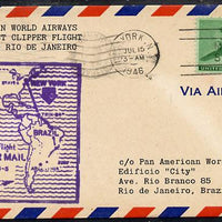 United States 1946 Pan American Airways First Clipper Air Mail Flight cover to Brazil (Rio de Janeiro) with special illustrated Cachet (Map of Route) and bearing 20c Airmail adhesive