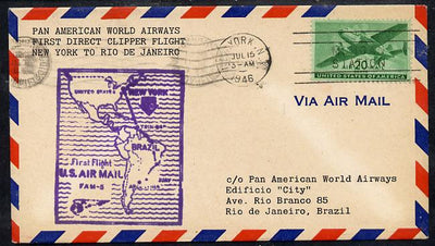 United States 1946 Pan American Airways First Clipper Air Mail Flight cover to Brazil (Rio de Janeiro) with special illustrated Cachet (Map of Route) and bearing 20c Airmail adhesive