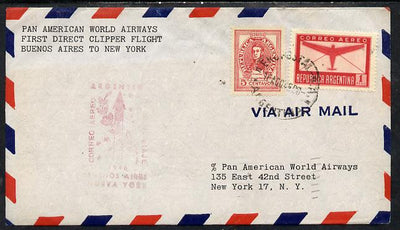 Argentine Republic 1946 Pan American Airways First Clipper Air Mail Flight cover Buenos Aires to New York with special illustrated Cachet
