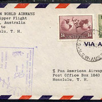 Australia 1947 Pan American Airways First Clipper Air Mail Flight cover Sydney to Honolulu with special illustrated Cachet (Map of Route) bearing Hermes 1s6d & Mitchell 1s adhesives