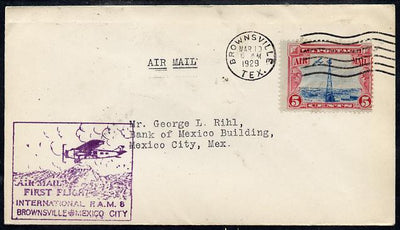 United States 1929 First Flight cover (FAM 8) Brownsville to Mexico City with special Cachet,bearing 5c Airmail adhesive