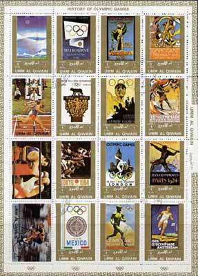 Umm Al Qiwain 1972 History of Olympics sheetlet containing 16 values cto used (Mi 1098-1113A)