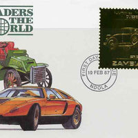 Zambia 1987 Classic Cars 1k50 Duesenberg in 22k gold foil on cover with first day of issue cancel, limited edition and very elusive