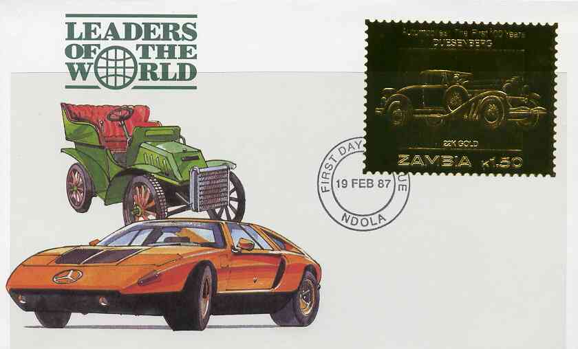 Zambia 1987 Classic Cars 1k50 Duesenberg in 22k gold foil on cover with first day of issue cancel, limited edition and very elusive