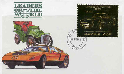 Zambia 1987 Classic Cars 1k50 Cobra in 22k gold foil on cover with first day of issue cancel, limited edition and very elusive