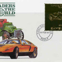 Zambia 1987 Classic Cars 1k50 Bugatti in 22k gold foil on cover with first day of issue cancel, limited edition and very elusive