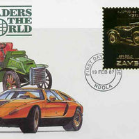 Zambia 1987 Classic Cars 1k50 Hispano-Suiza in 22k gold foil on cover with first day of issue cancel, limited edition and very elusive