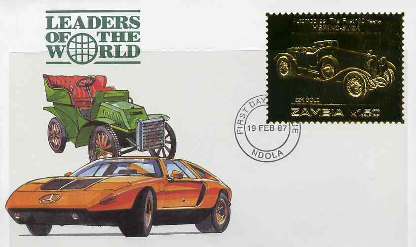 Zambia 1987 Classic Cars 1k50 Hispano-Suiza in 22k gold foil on cover with first day of issue cancel, limited edition and very elusive
