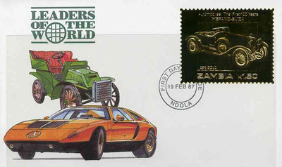 Zambia 1987 Classic Cars 1k50 Hispano-Suiza in 22k gold foil on cover with first day of issue cancel, limited edition and very elusive