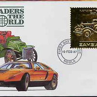Zambia 1987 Classic Cars 1k50 Cadillac in 22k gold foil on cover with first day of issue cancel, limited edition and very elusive