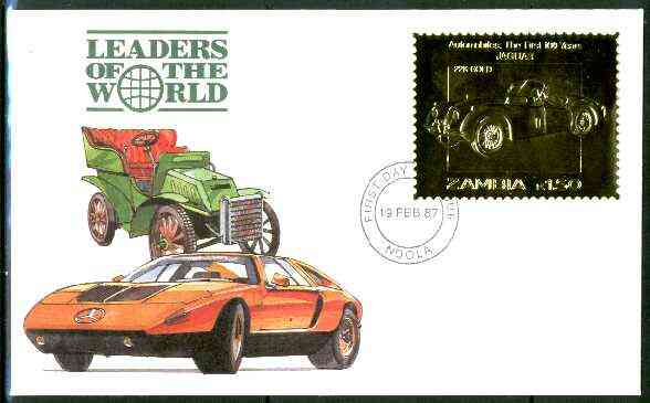 Zambia 1987 Classic Cars 1k50 Jaguar in 22k gold foil on cover with first day of issue cancel, limited edition and very elusive
