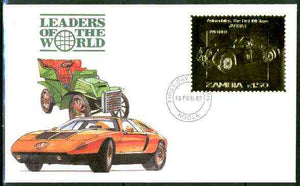 Zambia 1987 Classic Cars 1k50 Jaguar in 22k gold foil on cover with first day of issue cancel, limited edition and very elusive