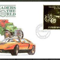 Zambia 1987 Classic Cars 1k50 Alfa Romeo in 22k gold foil on cover with first day of issue cancel, limited edition and very elusive