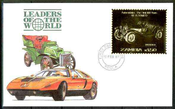 Zambia 1987 Classic Cars 1k50 Alfa Romeo in 22k gold foil on cover with first day of issue cancel, limited edition and very elusive