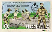 Nigeria 1983 National Youth Service Corps 10th Anniversary - original hand-painted artwork for 10k value (Working on Building Project) by NSP&MCo Staff Artist Olukoya Ogunfowora on board 8.5" x 5" endorsed A7