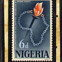 Nigeria 1963 Human Rights - original hand-painted artwork for 6d value by M Shamir (Chains forming outline Map of Africa with symbolic Torch) on card 4" x 6" with overlay