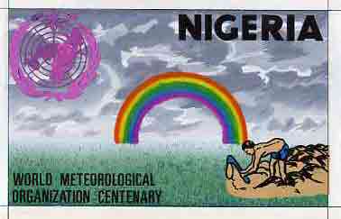 Nigeria 1973 IMO - WMO Centenary - original hand-painted artwork for 30k value (Tree Planting & Rainbow) by unknown artist on card 10