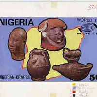 Nigeria 1985 World Tourism Day - original hand-painted artwork for 50k value (Nigerian Crafts) by NSP&MCo Staff Artist Mrs A O Adeyeye on card 8.5" x 5" reverse endorsed B4 & "Selected"