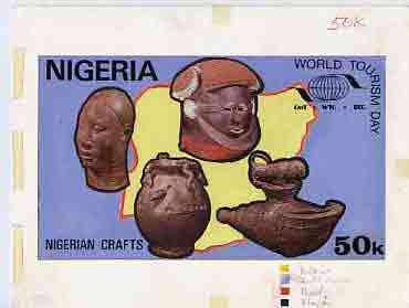 Nigeria 1985 World Tourism Day - original hand-painted artwork for 50k value (Nigerian Crafts) by NSP&MCo Staff Artist Mrs A O Adeyeye on card 8.5" x 5" reverse endorsed B4 & "Selected"