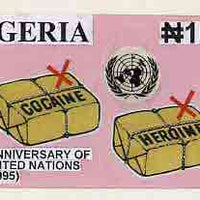 Nigeria 1995 50th Anniversary of United Nations - original hand-painted artwork for N10 value (Say No To Hard Drugs) on board 8.5" x 5" endorsed D2