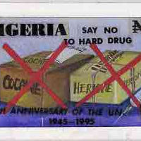 Nigeria 1995 50th Anniversary of United Nations - original hand-painted artwork for N10 value by Remi Adeyemi (Say No To Hard Drugs) on board 8.5" x 5" endorsed D3