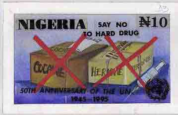 Nigeria 1995 50th Anniversary of United Nations - original hand-painted artwork for N10 value by Remi Adeyemi (Say No To Hard Drugs) on board 8.5" x 5" endorsed D3
