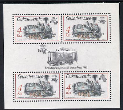 Czechoslovakia 1987 'Praga 88' 4kcs Tank Locomotives in sheetlet of 4 with decorative gutter unmounted mint (as SG 2882)