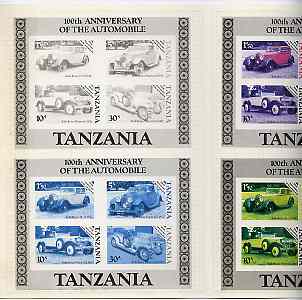 Tanzania 1986 Centenary of Motoring set of 4 imperf progressive proofs of m/sheet plus completed design all mounted in special printer's presentation wallet (as SG MS 460)
