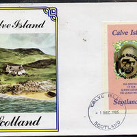 Calve Island 1985 Life & Times of HM Queen Mother imperf souvenir sheet (£1 value) with Girl Guide 75th Anniversary opt in black, on cover with first day cancel