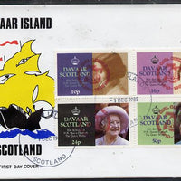 Davaar Island 1985 Life & Times of HM Queen Mother perf set of 4 with Girl Guide 75th Anniversary opt in red, on cover with first day cancel