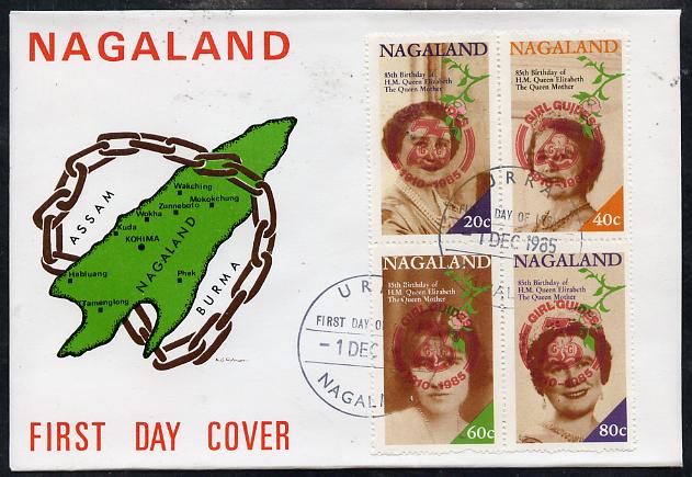 Nagaland 1985 Life & Times of HM Queen Mother perf set of 4 with Girl Guide 75th Anniversary opt in red, on cover with first day cancel