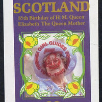 Staffa 1985 Life & Times of HM Queen Mother imperf deluxe sheet (£2 value) with Girl Guide 75th Anniversary opt in red unmounted mint