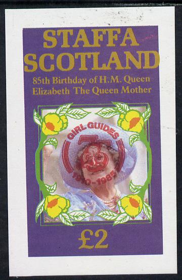 Staffa 1985 Life & Times of HM Queen Mother imperf deluxe sheet (£2 value) with Girl Guide 75th Anniversary opt in red unmounted mint