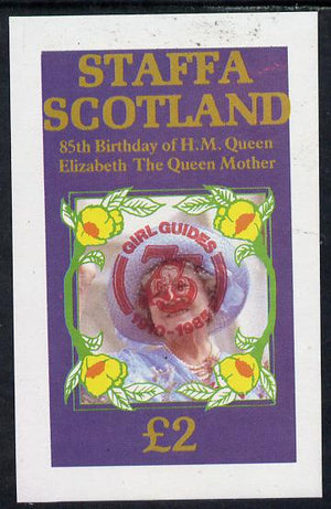 Staffa 1985 Life & Times of HM Queen Mother imperf deluxe sheet (£2 value) with Girl Guide 75th Anniversary opt in red unmounted mint