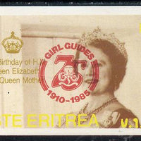 Eritrea 1985 Life & Times of HM Queen Mother imperf souvenir sheet ($160 value) with Girl Guide 75th Anniversary opt in red unmounted mint