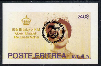 Eritrea 1985 Life & Times of HM Queen Mother imperf deluxe sheet ($240 value) with Girl Guide 75th Anniversary opt in black unmounted mint