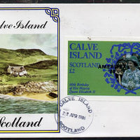Calve Island 1986 Queen's 60th Birthday imperf deluxe sheet (£2 value with Cub-Scouts in crowd) with AMERIPEX opt in black on cover with first day cancel