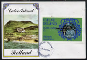 Calve Island 1986 Queen's 60th Birthday imperf deluxe sheet (£2 value with Cub-Scouts in crowd) with AMERIPEX opt in black on cover with first day cancel
