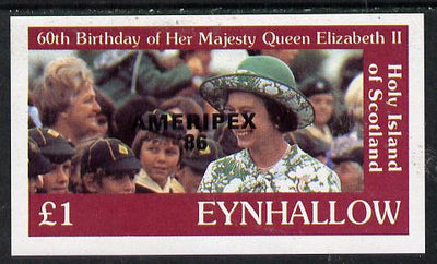 Eynhallow 1986 Queen's 60th Birthday imperf souvenir sheet (£1 value with Cub-Scouts in crowd) with AMERIPEX opt in black unmounted mint