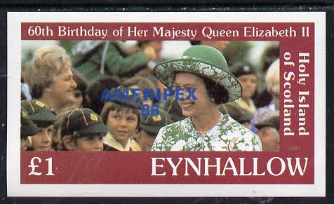 Eynhallow 1986 Queen's 60th Birthday imperf souvenir sheet (£1 value with Cub-Scouts in crowd) with AMERIPEX opt in blue unmounted mint