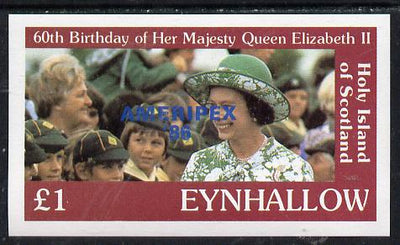 Eynhallow 1986 Queen's 60th Birthday imperf souvenir sheet (£1 value with Cub-Scouts in crowd) with AMERIPEX opt in blue unmounted mint
