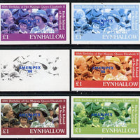 Eynhallow 1986 Queen's 60th Birthday imperf souvenir sheet (£1 value with Cub-Scouts in crowd) with AMERIPEX opt in blue set of 6 progressive proofs comprising single & composite combinations incl completed design unmounted mint