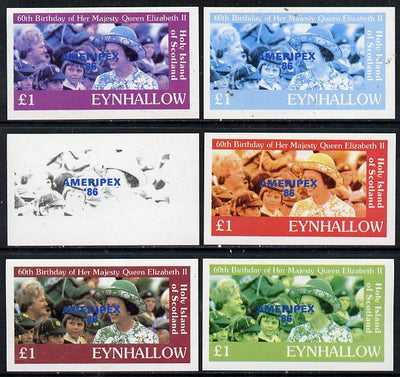 Eynhallow 1986 Queen's 60th Birthday imperf souvenir sheet (£1 value with Cub-Scouts in crowd) with AMERIPEX opt in blue set of 6 progressive proofs comprising single & composite combinations incl completed design unmounted mint
