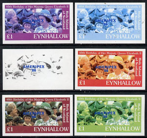 Eynhallow 1986 Queen's 60th Birthday imperf souvenir sheet (£1 value with Cub-Scouts in crowd) with AMERIPEX opt in blue set of 6 progressive proofs comprising single & composite combinations incl completed design unmounted mint